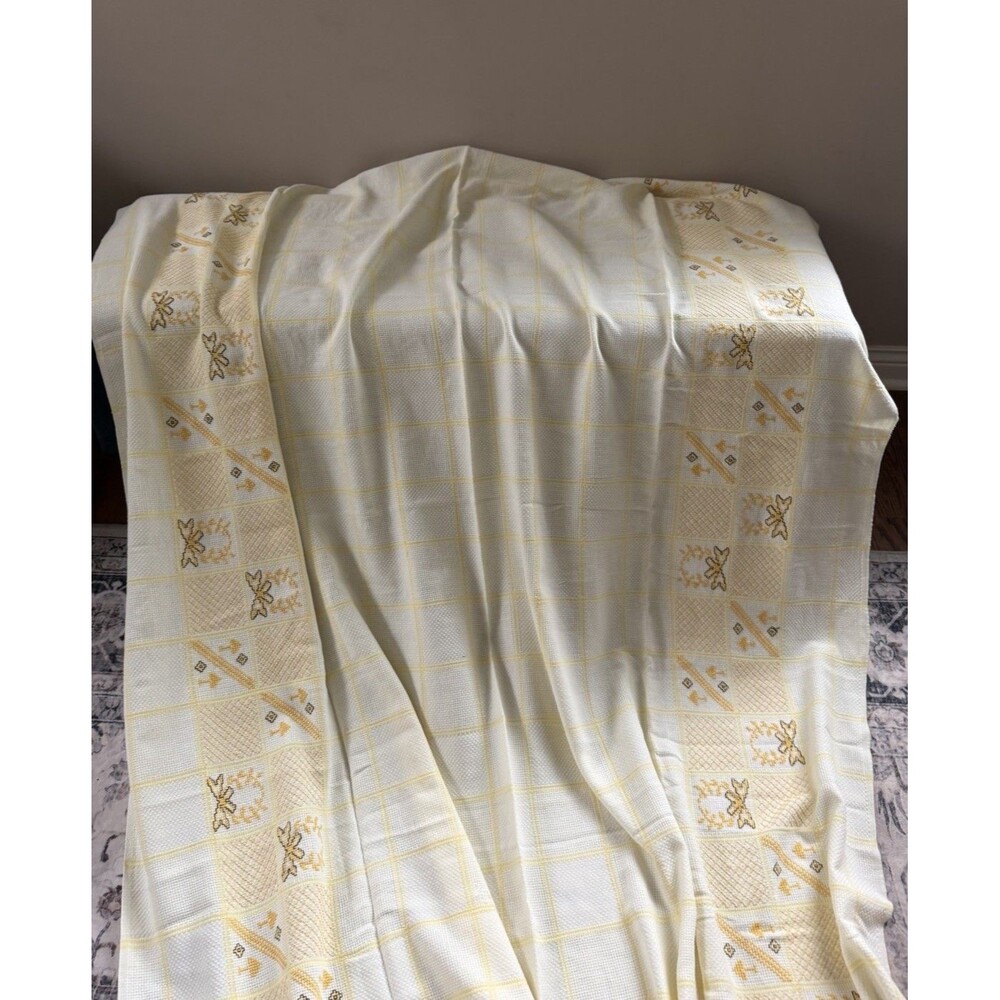Vintage Hand Embroidered Cross Stitch Tablecloth Yellow Plaid Rectangle 86”